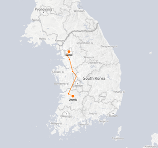 Seoul to Jeonju route shown on KTX train map