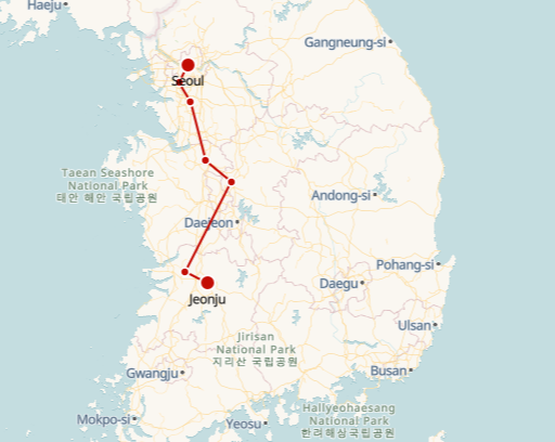 Seoul to Jeonju route shown on KTX train map