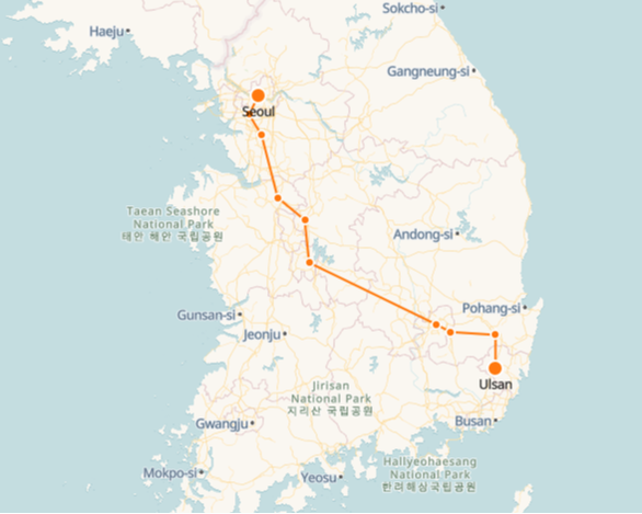 Seoul to Ulsan route shown on KTX train map