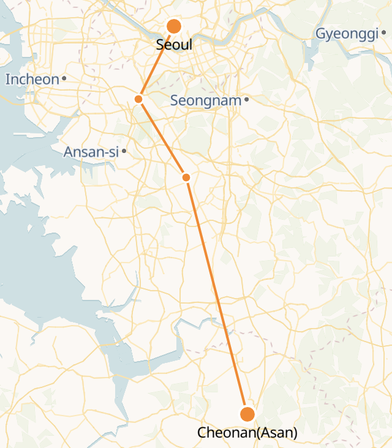  Seoul - Cheonan(Asan) route shown on KTX train map