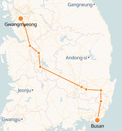 Gwangmyeong to Busan route shown on KTX train map