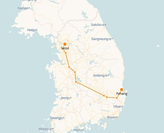 Pohang to Seoul route shown on KTX train map