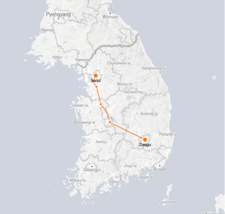 Seoul to Daejeon route shown on KTX train map