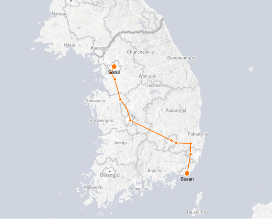 Seoul to Busan route shown on KTX train map