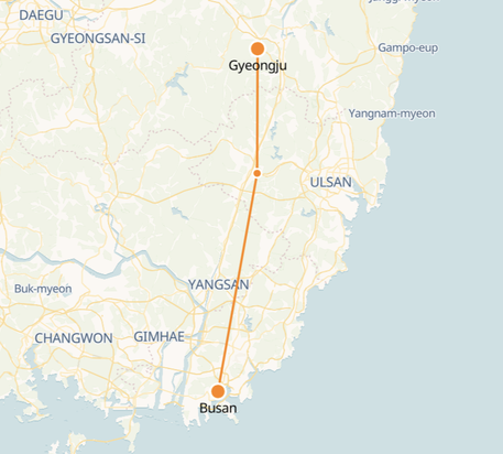 Gyeongju to Busan route shown on KTX train map