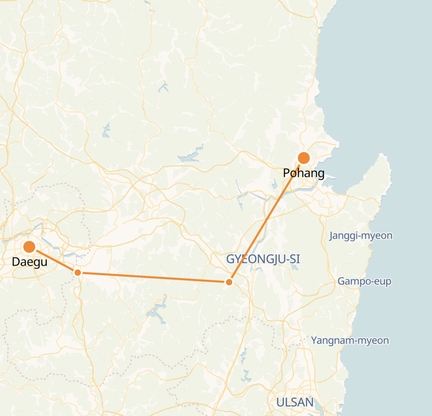 Pohang to Daegu route shown on KTX train map