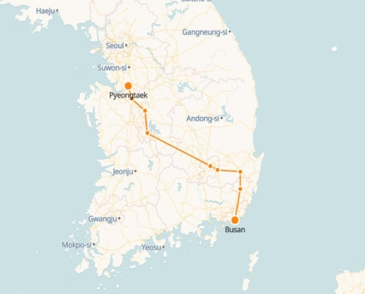 Pyeongtaek to Busan route shown on KTX train map