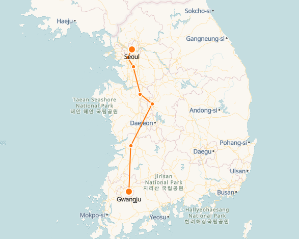 Gwangju to Seoul route shown on KTX train map