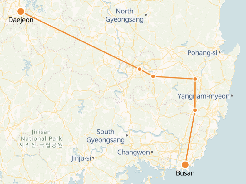 Busan to Daejeon route shown on KTX train map