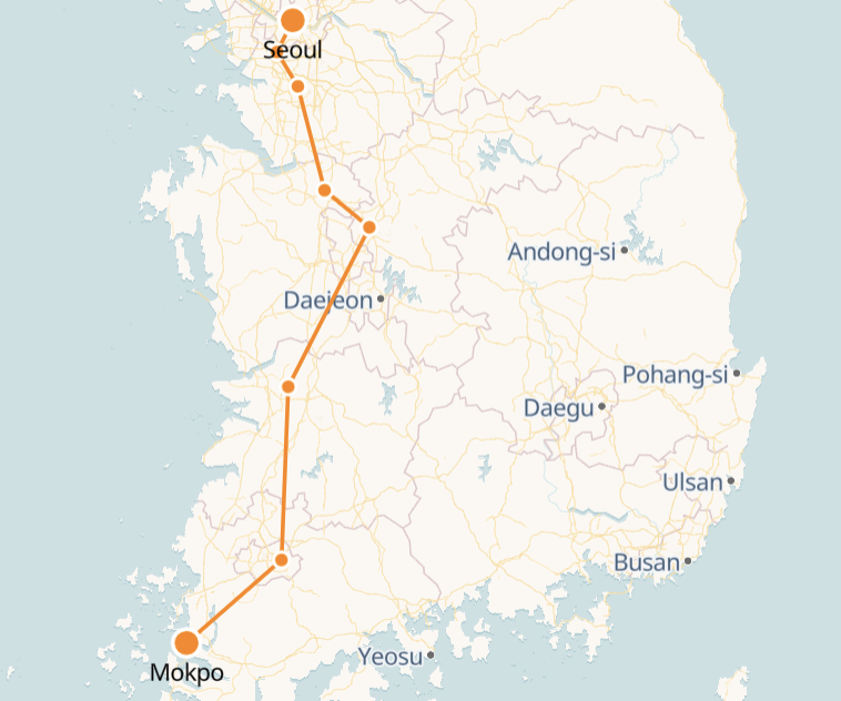 Seoul to Mokpo route shown on KTX train map