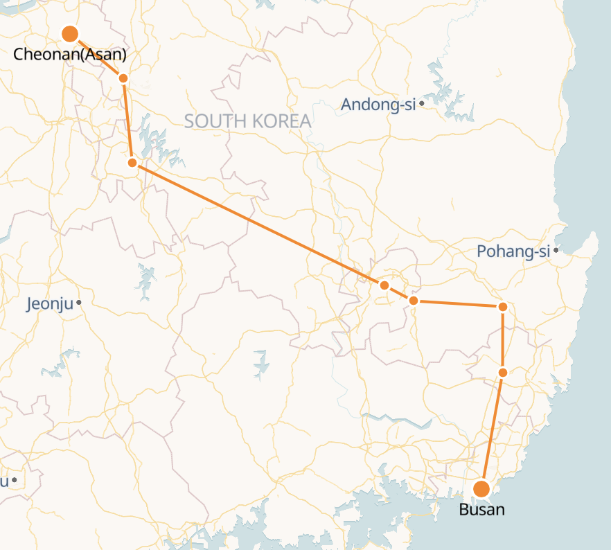  Cheonan(Asan) - Busan route shown on KTX train map