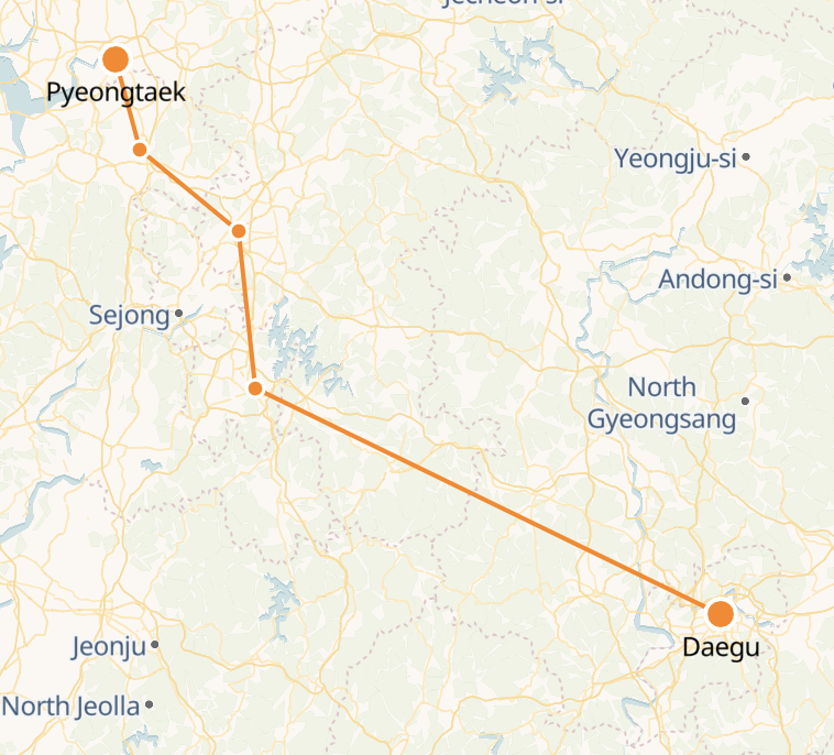 Daegu to Daejeon route shown on KTX train map