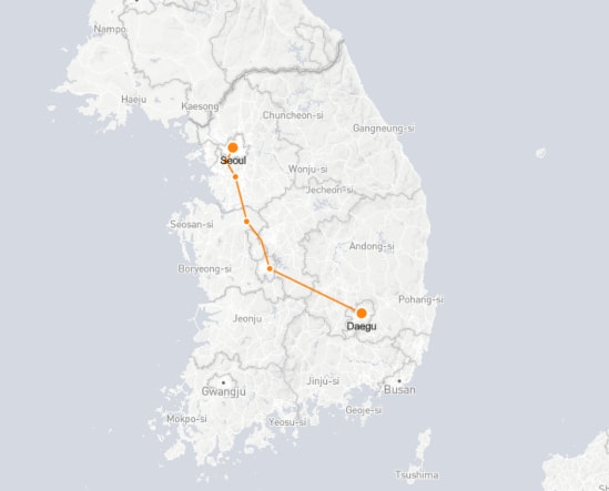 Seoul to Daegu route shown on KTX train map